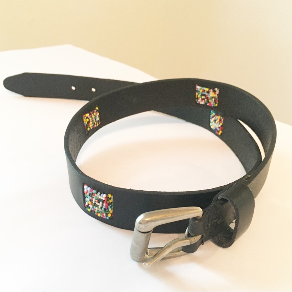 Vintage Black Leather Rainbow Beaded Belt Size S